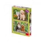  Dino-38172 2 Puzzles -  Hund und Katze im Garten