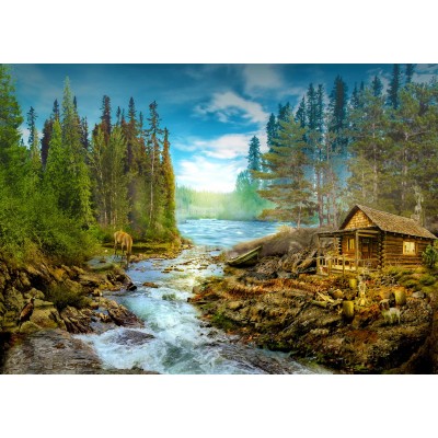 Puzzle  Enjoy-Puzzle-1605 A Log Cabin by the Rapids