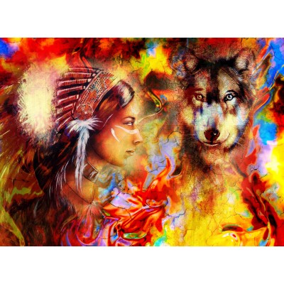 Puzzle  Grafika-F-30750 Die indische Frau und der Wolf