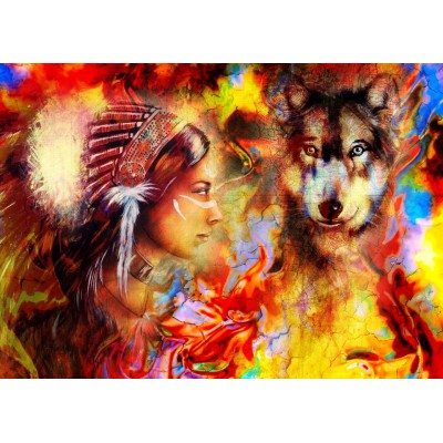Puzzle  Grafika-F-32304 Die indische Frau und der Wolf