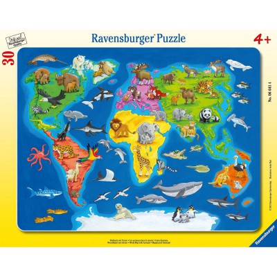  Ravensburger-06641 30 Teile Rahmenpuzzle - Weltkarte mit Tieren