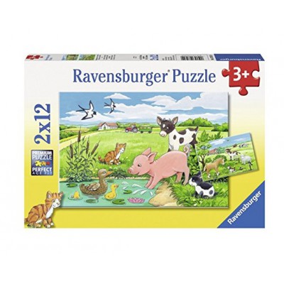 Ravensburger-07582 2 Puzzles - Tierkinder auf dem Land