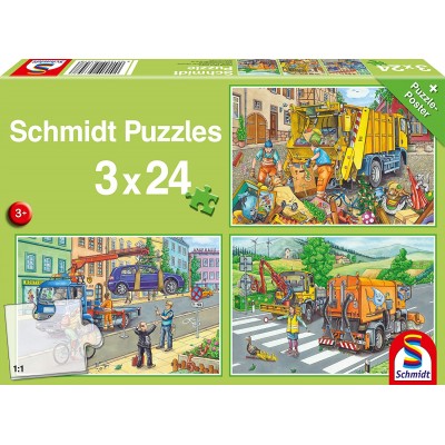 Puzzle Schmidt-Spiele-56357 Müllwagen, Abschleppauto und Kehrmaschine (3x24 Teile)